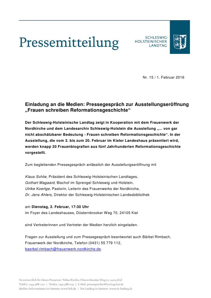 Landtag Sh Einladung An Die Medien Pressegesprach Zur Ausstellungseroffnung Frauen Schreiben Reformationsgeschichte